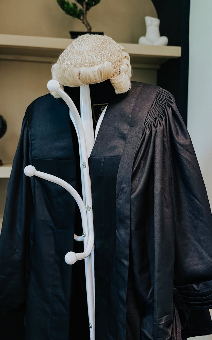 Elegant barrister robe with traditional wig on display indoors, capturing legal profession attire.